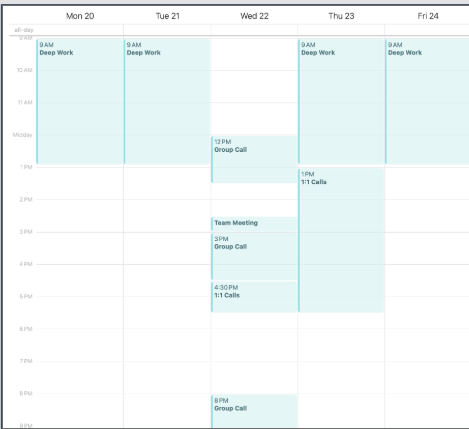 A real weekly calendar with deep work and call blocks